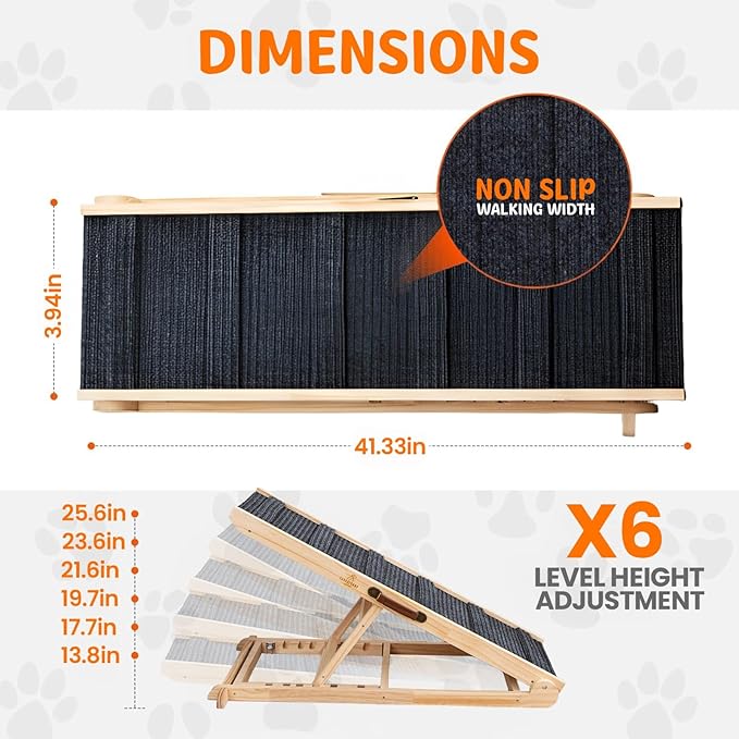 Large Dog Ramp for Bed and Couch Non Foldable Wooden Adjustable Pet Stairs for Dogs and Cats 41.3" Non Slip Ramp with 6 Height Settings Upto 25.6" Puppies, Pets, Indoor Outdoor Use