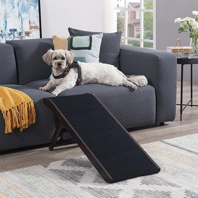 unipaws Foldable Wooden Pet Ramp with Adjustable Height, Dog Ramp to Reach High Bed and Couch, Durable Pet Ladder with Updated Non-Slip Yoga Mat for Dog and Cat (Espresso, Regular)
