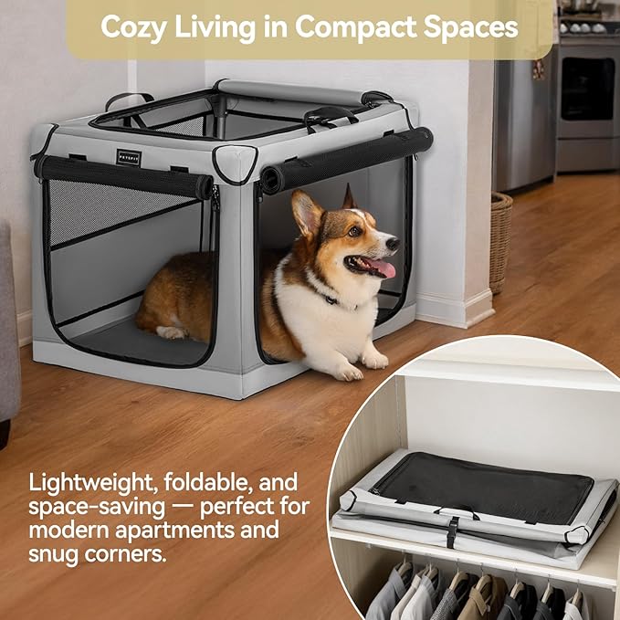 PETSFIT Portable Dog Crate for Medium Dogs, – 30" Soft Dog Travel Crates with Lockable Zippers & Thicken Mat, Adjustable Patented Spiral Steel Frame, Collapsible Kennel for Indoor & Outdoor