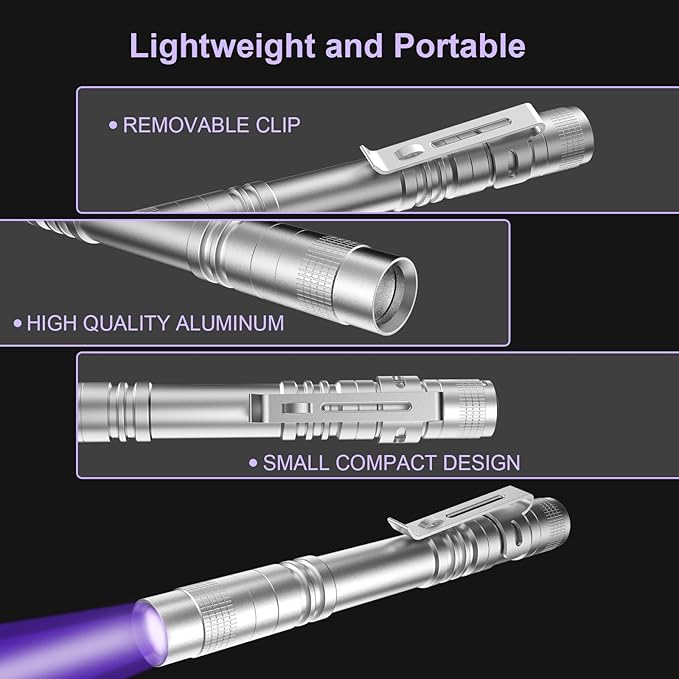 COSOOS UV Black Light Flashlights, 4 Pack 395nm Mini Pen Lights with Clip, Waterproof Ultraviolet Flashlights for AC Leak, Pet Urine, Scorpion, Hotel Inspection, Dry Stain and Bed Bug(Silver)