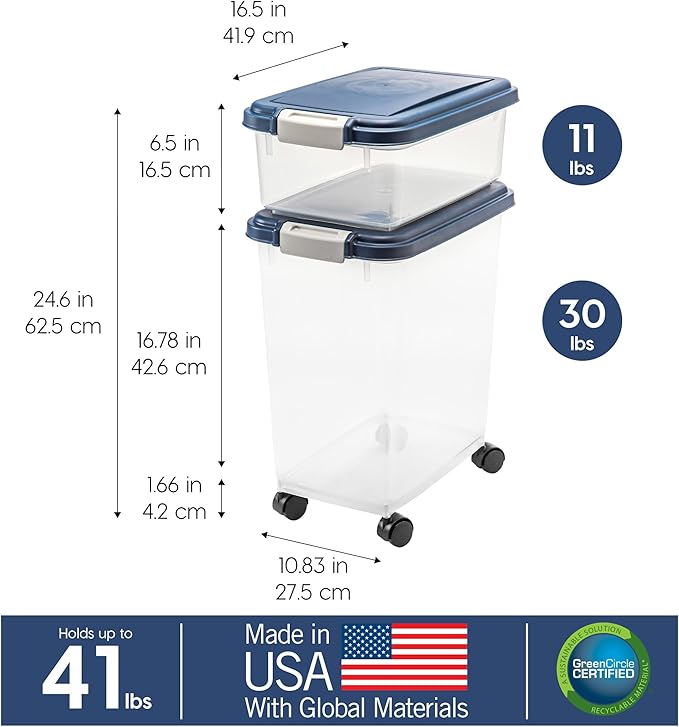 IRIS USA Dog Food Storage Container, 30 lbs & 11 lbs Combo, Cat Food Storage Container, Dog Treat Container, Airtight, Stackable, Wheels, Easy Mobility, Navy