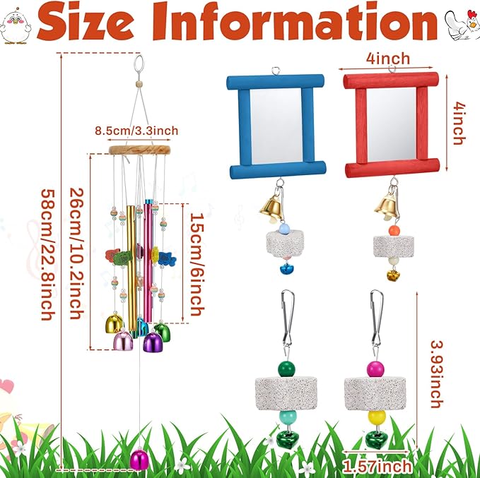 7 Pcs Chicken Toys, Hanging Chicken Wind Chime, 2 Pcs Coop Mirror Toys with Bells 4 Pack Beak Grinding Stones, Musical Coop Accessories for Hen Rooster Chick Poultry Bird(Rose Red, Blue)