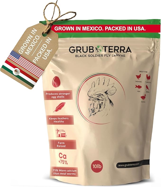 GrubTerra Black Soldier Fly Larvae for Chickens – Dried BSFL Poultry Treat, High Protein Calcium Feed Supplement for Laying Hens, Backyard Chickens, Sourced from Mexico, Not from China - 10LB