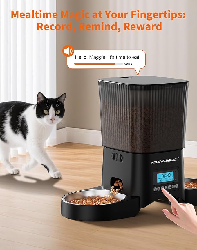 HoneyGuardian Automatic Cat Feeder for 2 Cats, Automatic Cat Food Dispenser, Timed Pet Feeder for Cats and Dogs, Desiccant Bag, Programmable Portion Control,10s Voice Recorder