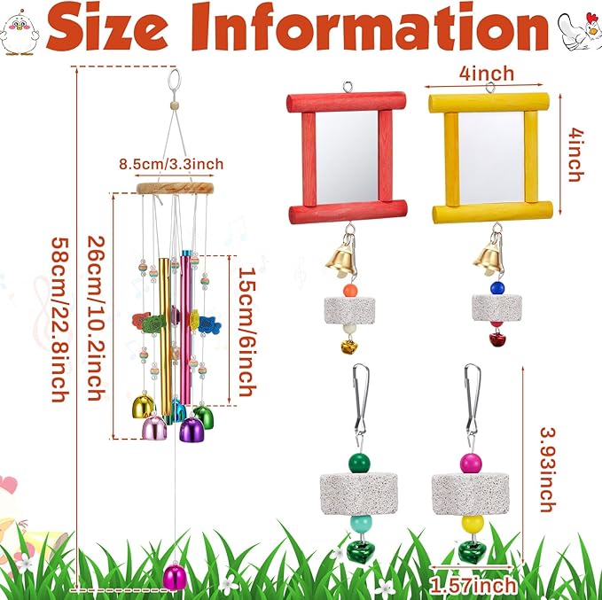 7 Pcs Chicken Toys, Hanging Chicken Wind Chime, 2 Pcs Coop Mirror Toys with Bells 4 Pack Beak Grinding Stones, Musical Coop Accessories for Hen Rooster Chick Poultry Bird (Rose Red, Yellow)