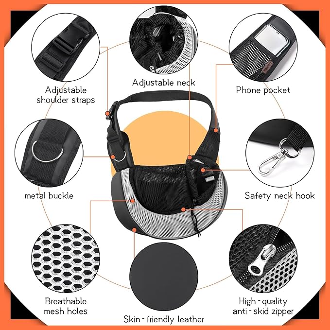 YUDODO Pet Sling Carrier for 5-9 lbs Small Dogs & Cats – Hands-Free Puppy Carrier with Safety Hook, Large Zipper Pocket, Soft Breathable Mesh, Adjustable Strap & Reflective Strip (Gray 3.0 M)