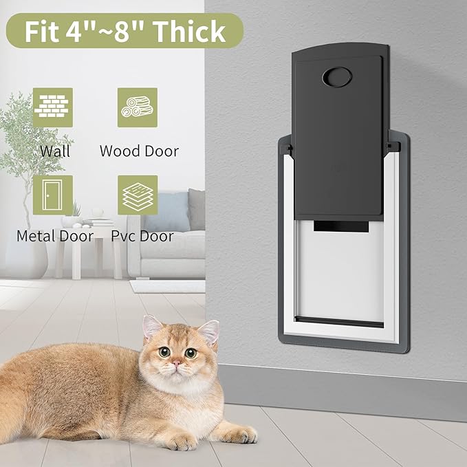 FreeStanding Cat Door for Wall, Steel Frame Cat Doors with Telescoping Tunnel, Magnetic Double Flaps and 2 Security Lock Panels, Cat Door for Interior and Exterior Wall, Small, Gray