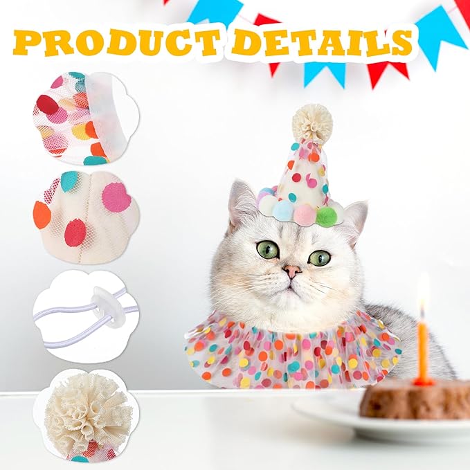 Cat Birthday Hat Outfit Bandana Scarf, Party Hat Dog Costumes Cute Lace Puppy Bib Scarf Party Decorations Set for Small Medium Cats & Doggy