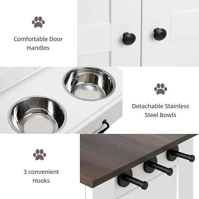 Pet Feeding Station, Dog Feeding Station, Dog Food Storage Cabinet, Pet Food Toy Organiser with 2 Elevated Bowls and Hook for Feeding and Drinking, White