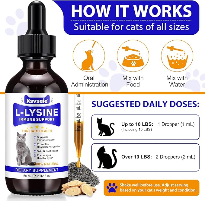 Lysine for Cats, L-Lysine Supplement Liquid Drops for Cats Supports Immune & Respiratory Health,Helps with Sneezing, Eye Discharge and Watery Eyes