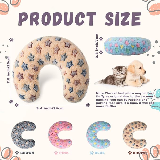 Sweetude 4 Pcs Pillows for Cats Puppy Bed Fluffy Pet Calming Soft Gifts Half Donut U Shaped Pet Neck Pillow Training Joint Relief Cervical Protection(Vivid Star,Medium)