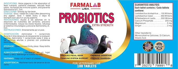 Farmalab Probiotics Extra Strength for Pigeons, 100 Tablets, Immune Support and Digestive Health