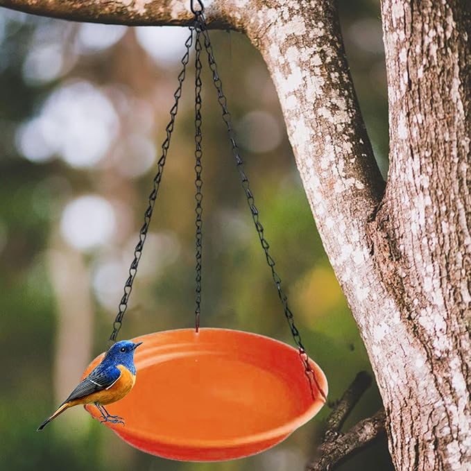 Hanging Bird Feeder and Waterer Tray Water Feeding Bowl Garden Decor with Chains Sturdy Birds Water Station for Backyard Yard, Brown Red