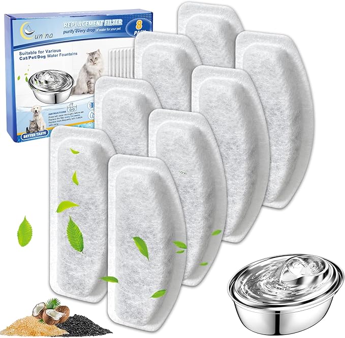 Cat Water Fountain Filter, 8 Pcs Replacement Water Filter Compatible with ORSDA D30 67oz/2L Stainless Steel Pet Water Fountains, 3 Triple Filtration System Automatic Pet Fountain Resin Filters