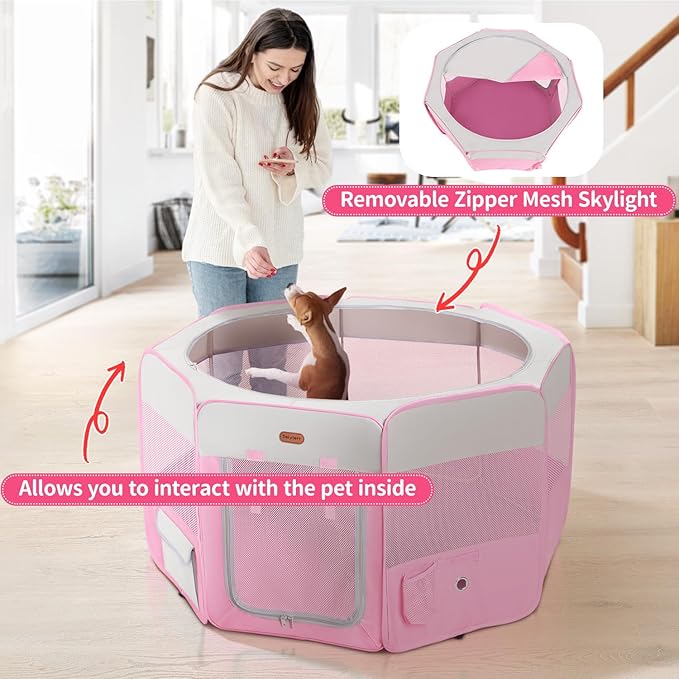 Dog Playpen, Portable Pet Playpen, Puppy Playpen, Cat Playpen with Carrying Case, Dog Playpen for Small Dogs Indoor/Outdoor, Removable Mesh Shade Cover, Pink XL