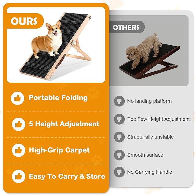 39" Long Dog Ramp for Bed, Couch & Car - 5 Level Adjustable Height (10.4" to 24.4"), Foldable Portable Wooden Pet Ramp with Non-Slip Surface, for Small & Old Dogs Up to 70 LBS