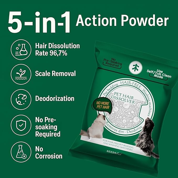 Pet Hair Dissolver for Washing Machine - Dog & Cat Hair Remover, 96.7% Hair Dissolution, Stain/Hair Remover for Laundry, 2 Sachets, HE/Top/Front-Load Compatible, Removes Residue & Odors, Septic Safe