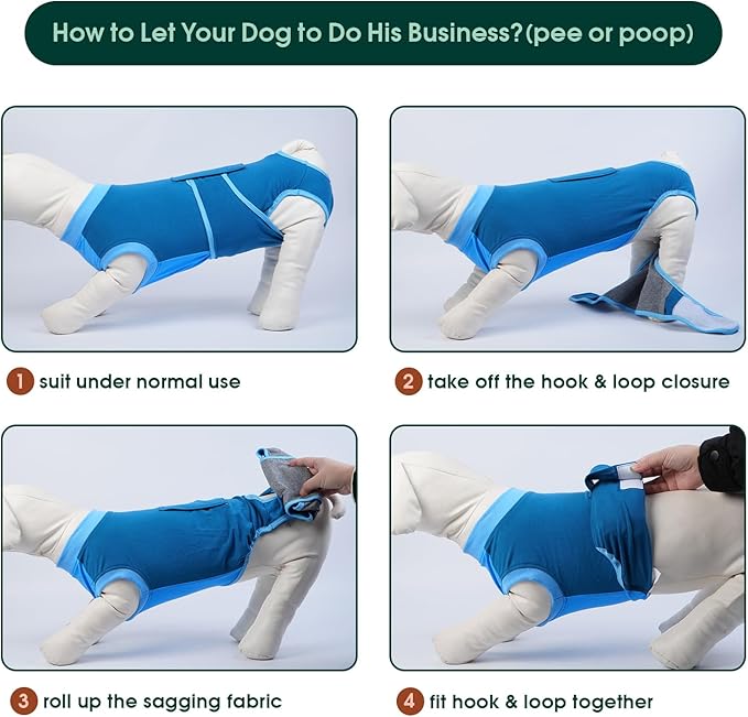Kuoser Dog Recovery Suit, Female/Male Post-Surgery Anti-Licking Pet Surgical Suit, Blue, Medium, Cotton and Spandex Blend, All Breed Sizes, Adult, All Seasons