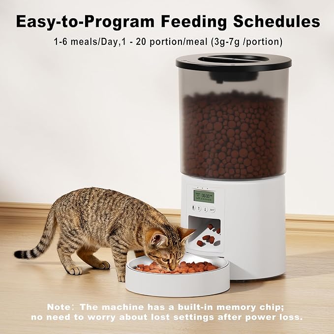 Automatic Cat Feeder for 2 Cats,6 Meals/Day,Dual Power,Dry Pet Food Autofeeder Portion Control,Timer Setting,10S Voice Record (Transparent White, 4.2L-Stainless Steel 2 Bowls)