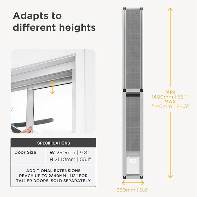 Hakuna Pets V2 Patio Pet Door Screen Insert Panel for Sliding Doors, Fits Door Track Min Ht 55.12" to Max Ht 84.25", UV Resistant Mesh, Locking Magnetic Dog Door, Easy Install and Removal,Small,Silver