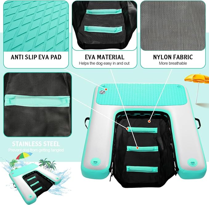 FBSPORT Inflatable Dog Boat Ramp Floating Dock Water Ladder for Pool, Boat, Non-Slip EVA Floating Ladder Pool Ramp for Dog Up to 220 LBs, Safe & Easy Access