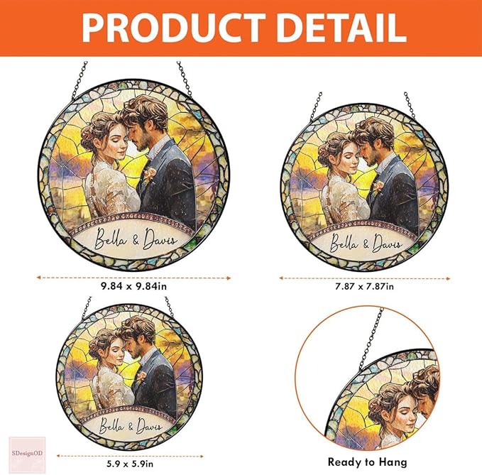 LOVELYPOD Custom Photo Stained Glass Suncatcher Couple Portrait Window Hanging, Valentine Gift Him Her Boyfriend Girlfriend, for Husband Wife, Christmas Ornament for Family
