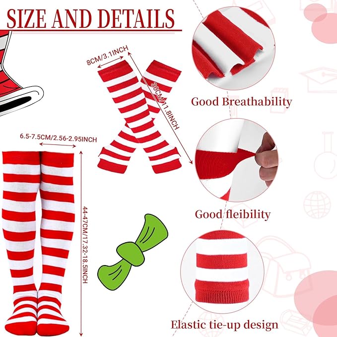 5 Pcs Cat Costume Accessories Set with Red and White Hat Headwear, Bowtie, Socks, Gloves and Tail for World Book Day