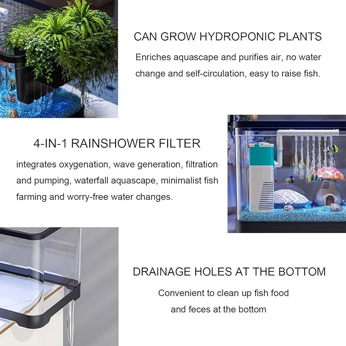 Fish Tank Aquarium Kit,Turtle Tank Kit with 3-in-1 Silent Water Pump Filter System, Self Cleaning Aquarium Starter Kit with LED Light Suitable for Small Fish Or Shrimp,Bottom Drainage(Large)
