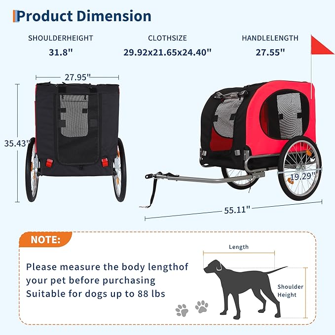 【Upgraded】 Dog Bike Trailer for Medium Large Dogs - Convertible to Jogging Stroller, 88Lbs Capacity, Waterproof & Ventilated Design with Safety Flag, Universal Hitch for 20-29" Bikes