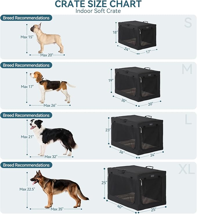 PETSFIT Portable Dog Crate for Medium Dogs, – 30" Soft Dog Travel Crates with Lockable Zippers & Thicken Mat, Adjustable Patented Spiral Steel Frame, Collapsible Kennel for Indoor & Outdoor
