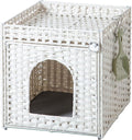 Cat Litter Box Enclosure Furniture, Hidden Litter Box with Mat and Fence, Handwoven Rattan Cat House with Two S-Shaped Hooks for Living Room, Bedroom, 18.5 x 20.5 x 19.1 Inches (White