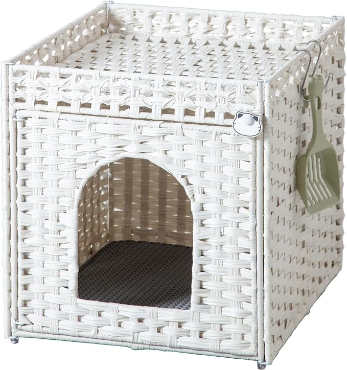 Cat Litter Box Enclosure Furniture, Hidden Litter Box with Mat and Fence, Handwoven Rattan Cat House with Two S-Shaped Hooks for Living Room, Bedroom, 18.5 x 20.5 x 19.1 Inches (White