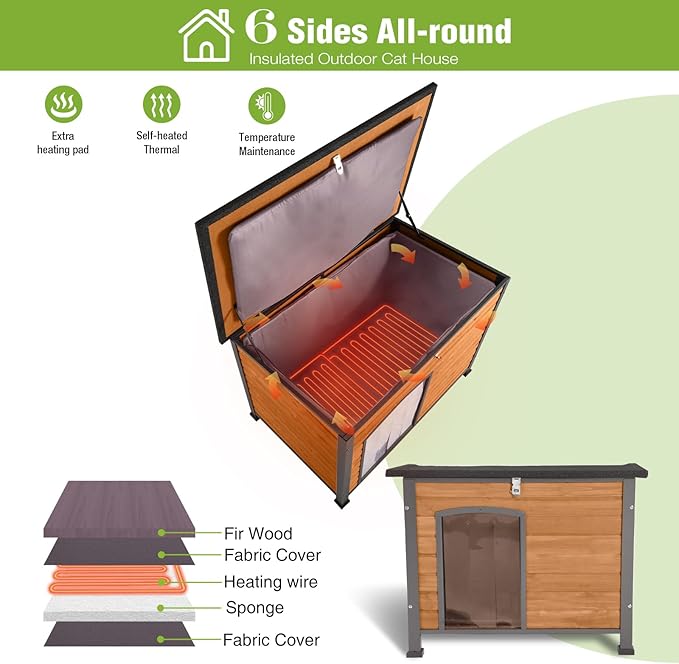 GUTINNEEN Extra Large Heated Dog House Outdoor Insulated Dog House Weatherproof Dog Kennel with Thermostat-Controlled Heating Pad, 6-Sided Thermal Liner, Chew-Proof Metal Frame for Large Dog Breeds,XL