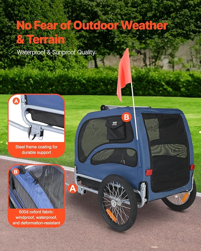 VEVOR Dog Bike Trailer, Supports up to 100 lbs, Pet Cart Bicycle Carrier, Easy Folding Frame with Quick Release Wheels, Universal Bicycle Coupler, Reflectors, Flag, Collapsible to Store