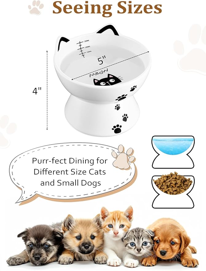 Yedio Porcelain Raised Cat Bowl, No Spill Cat Water Bowl with Anti Slip Band, Elevated Porcelain Pet Bowl Protect Pet's Spine, Large Capacity Pet Water Bowl, 15 oz, Dishwasher Safe