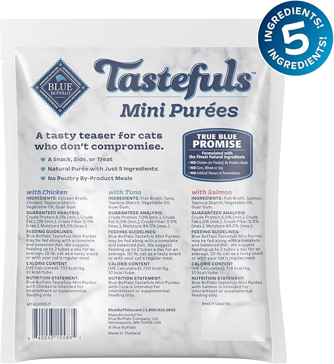 Blue Buffalo Tastefuls Mini Purées, Adult Cat Natural Single-Serving Snack, 24-Count Variety Pack Chicken, Tuna, and Salmon 0.5 oz. (Pack of 1)
