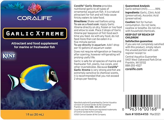 Coralife Fish Tank Aquarium Garlic Xtreme Attractant and Food Supplement for Saltwater Marine or Freshwater Fish, 1 oz