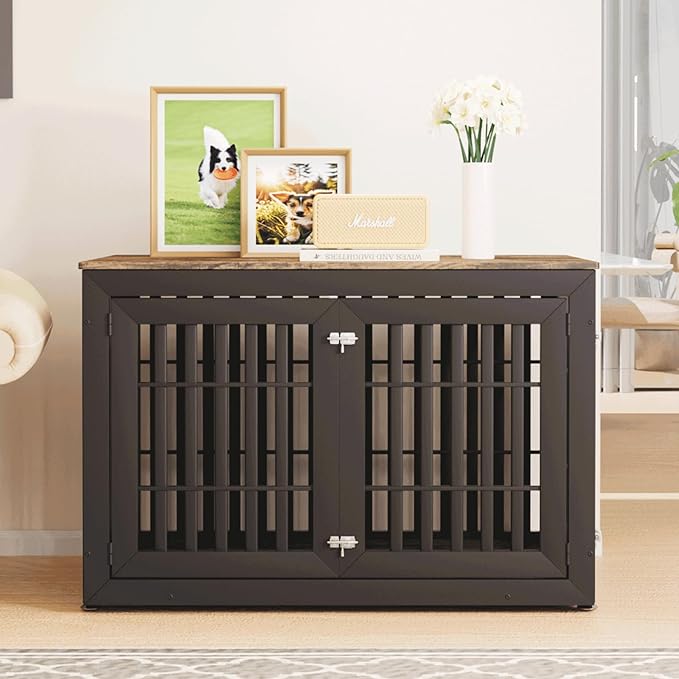 48" Heavy Duty Dog Crate Furniture for Small,Medium and Large Dogs,Rustic Wooden Dog Cage Kennel Indoor Furniture with Waterproof Top,Decorative Pet House Side End Table (Black & Wood)