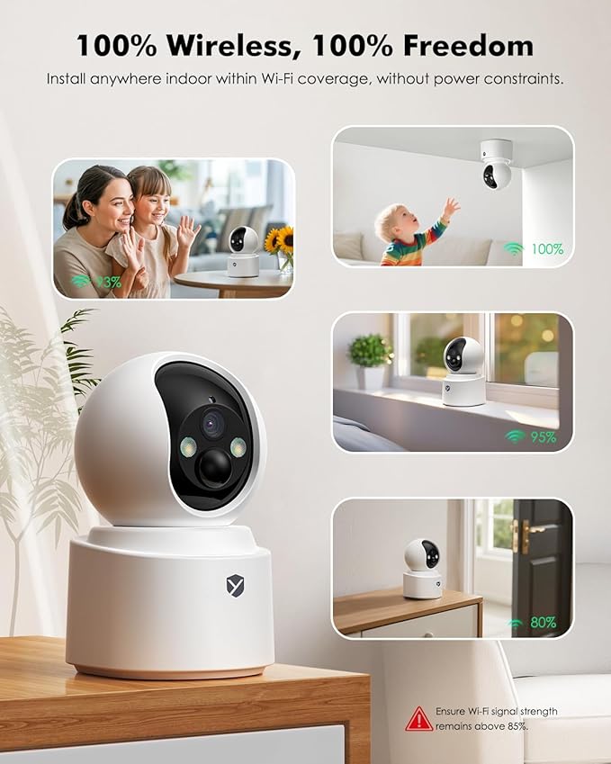 Battery Powered Indoor Camera Wireless, PTZ Pet Camera with 6000mAh Rechargeable, Dual-Band WiFi, 2.5K 4MP Color Night Vision, SD/Cloud Storage, 2-Way Audio, APP Remote, Cat/Dog/Kids/Home Monitoring