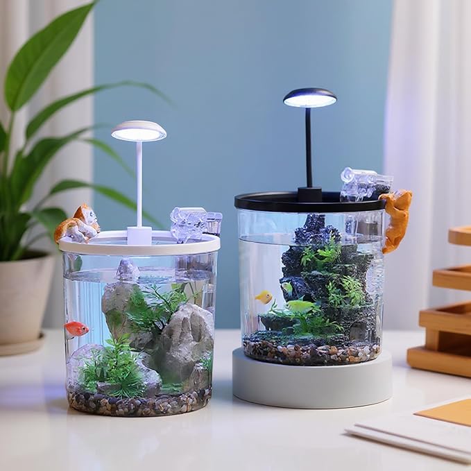 1.5 Gallon Small Fish Tank with Filter & LED Light, Desktop Aquarium Kit with Oxygen Pump & Decor, All-in-One Ecosystem Fish Bowl for Betta, Goldfish, Office, Home Decor
