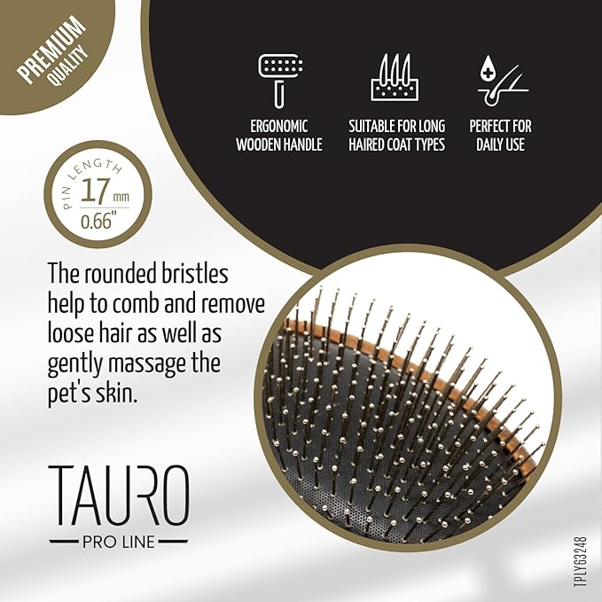Tauro Pro Line Wooden Brush for Dogs & Cats, Deshedding, Dematting & Detangling Grooming Tool for All Coat Types, Gentle Massage with Rounded Tip Pins, Oval Flexible Cushion, Natural, Medium Size (M)
