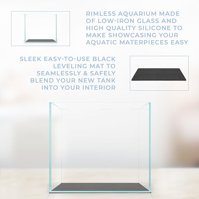 Cube Aquarium Starter Kit - Small Aquarium Kit - 2 Gallon Fish Tank, Black Leveling Mat, EOS LED Light, Glass Filter - Beginner Fish Tank Kit