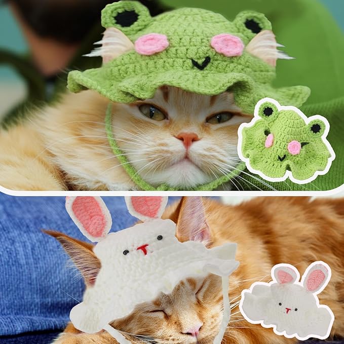 5 Pack Cute Knitted Cat Hats Dog Hats – Frog Strawberry Pink Flower Tiger Rabbit Funny Hat for Cats Dogs Small Pets Birthday Costume Accessories