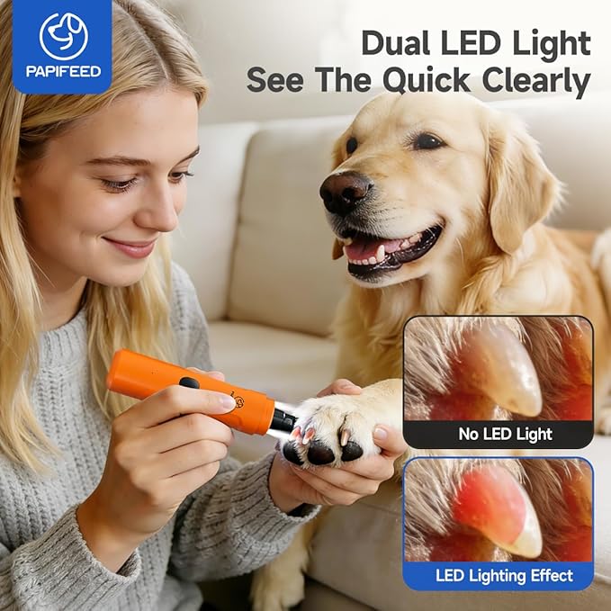 PAPIFEED Dog Nail Grinder with LED Light, Ultra Quiet 3-Speed Electric Nail File for Small Medium Large Dogs & Cats, Rechargeable Pet Nail Grinder with Trimmer (Orange)