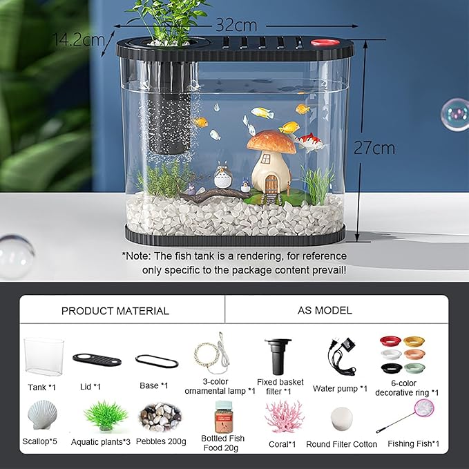 Fish-Tank-Night-Light, Small Aquarium Starter Kits,Desktop Aquarium Starter Kit & LED Lamp, Decorations & Whisper Filters Water Pump