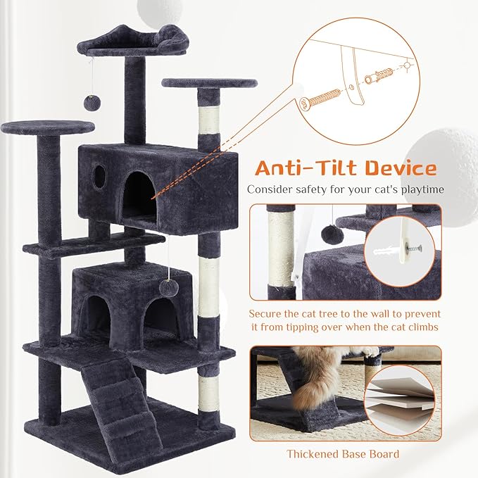 Sweetcrispy 54 Inch Cat Tree Tower, Multi-Level with Cat Scratching Post, Indoor Cat Condo with Climbing Ladder, Plush Toy, Play House for Cat, Dark Grey