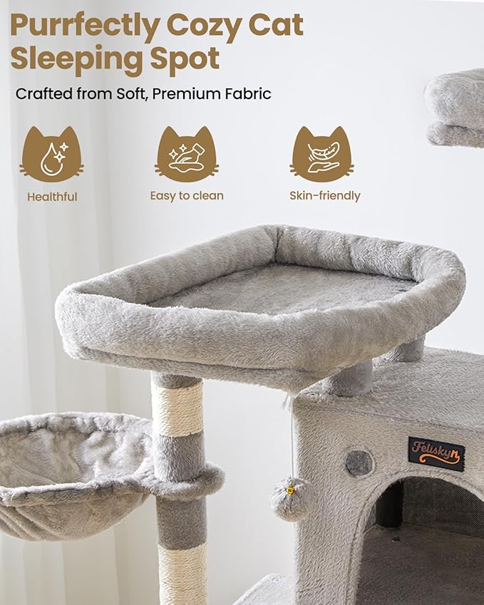 Large Cat Tree Tower for Indoor Cats Adult, 74.8 Inch Tall Multi-Level Kitty Condo with Scratching Posts, Perch, Hammock, Plush Bed for Big Cats, Modern Cat Furniture Heavy Duty (Light Grey)