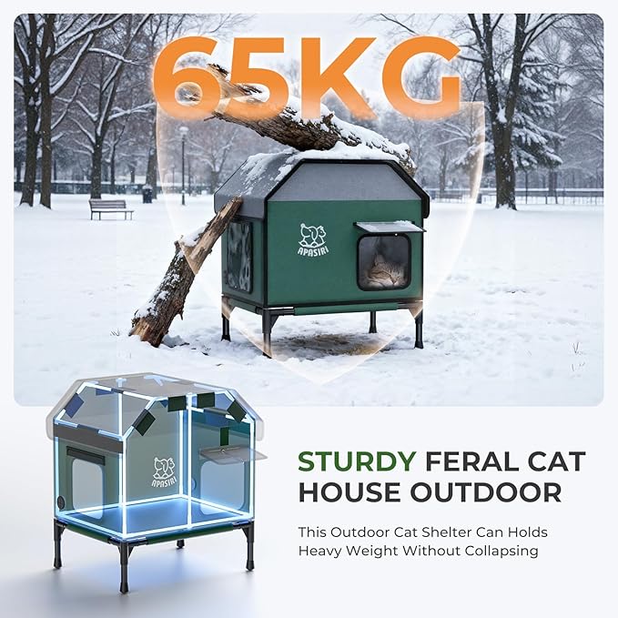 Apasiri Heated Outdoor Cat House for Winter: Insulated with Heating Pad, Indestructible Weatherproof Winter Shelter, Elevated Support to Keep Interior Dry for Stray Cats, Medium