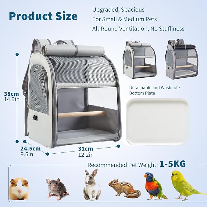 Bird Carrier Backpack,Breathable & Portable,Pet Travel Cage with Upgraded Tray and Standing Perches,Lightweight Foldable Birds Travel Cage for Hiking Camping,for Small Birds, Green Cheek