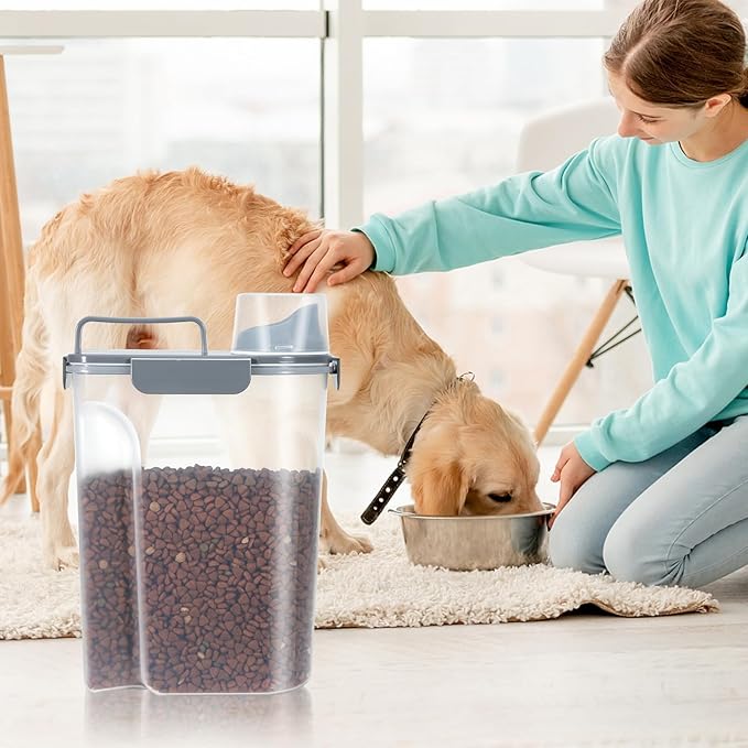 5-7Lbs Dog Cat Food Storage Container with Upgraded Large Nozzle BPA-free, 4 Snap Seals Plastic Pet Food Storage Containers with Handles (Gray Blue + Red, 5L-2pack)